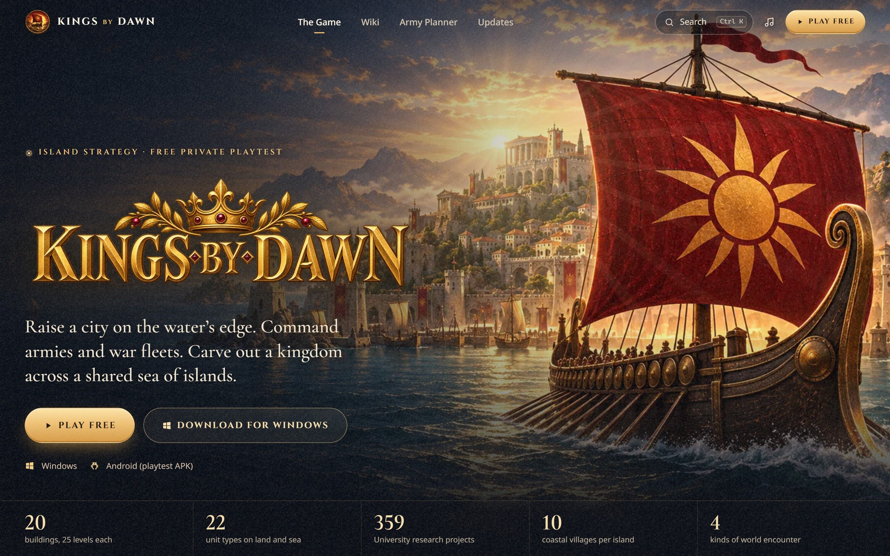 The Kings by Dawn homepage, with the golden game logo over a painted harbour city and a war galley with a red sail.